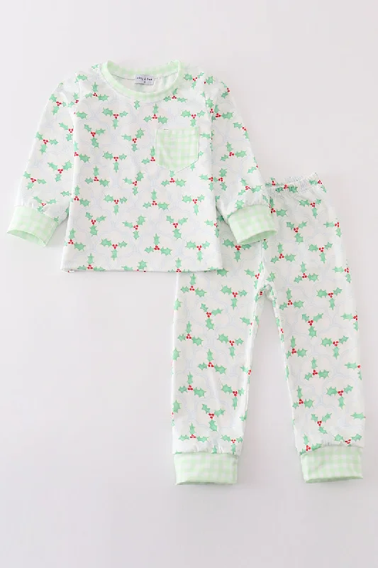Basic Version Green christmas holly print boy set