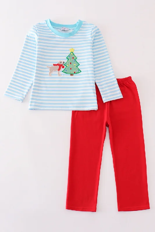 Weekend Comfort Wear Blue stripe christmas tree puppy applique boy set