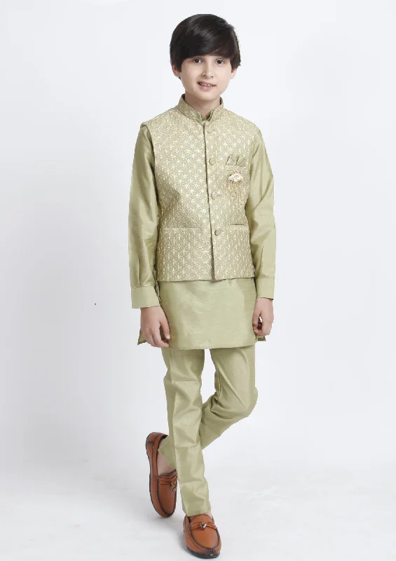 Soft Relaxation Wear Alluring Light Green Color Silk Cotton Kid's Kurta With Embroidery Jacket And Pant