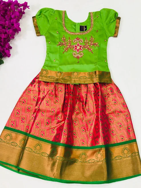 Weekend Style Gorgeous Green And Pink Color Designer Kids Silk Langa Set