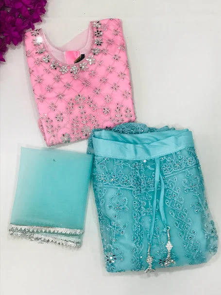 Single-shoulder Neck Design Beautiful Pink And Blue Party Wear Kids Choli Set With Mirror And Embroidery Work
