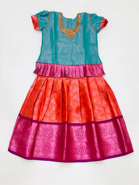 Comfortable Jeans Gorgeous Teal Green Colored Embroidery Work Silk Langa Sets For Girls