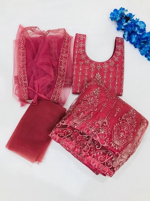 Cozy Fit Wear Attractive Pink Colored Net Embroidery And Stone Work Choli Sets For Girls
