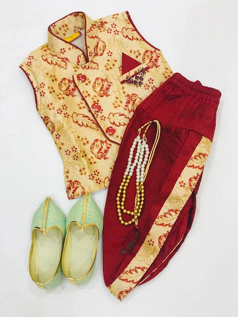 Smart Comfort Wear Gorgeous Maroon Colored Silk Cotton Boys Sherwani Juttis With Brooch Pin And Pearl Mala