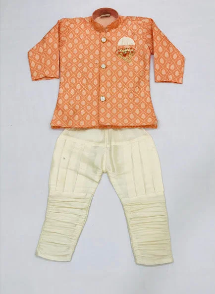 Warm Layers Pretty Orange Colored Kids Sherwani With Brooch Pin For Boys