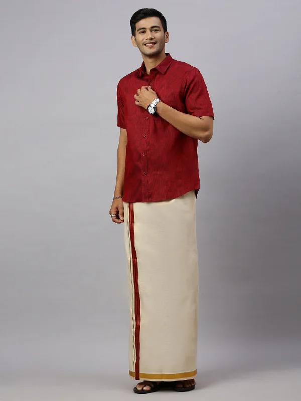 Carefree Men Macho Maroon Colour Shirt & Matching Border Tissue Dhoti  Set CCB