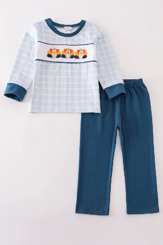 Cozy Lounge Wear Blue thanksgiving turkey french knot boy set