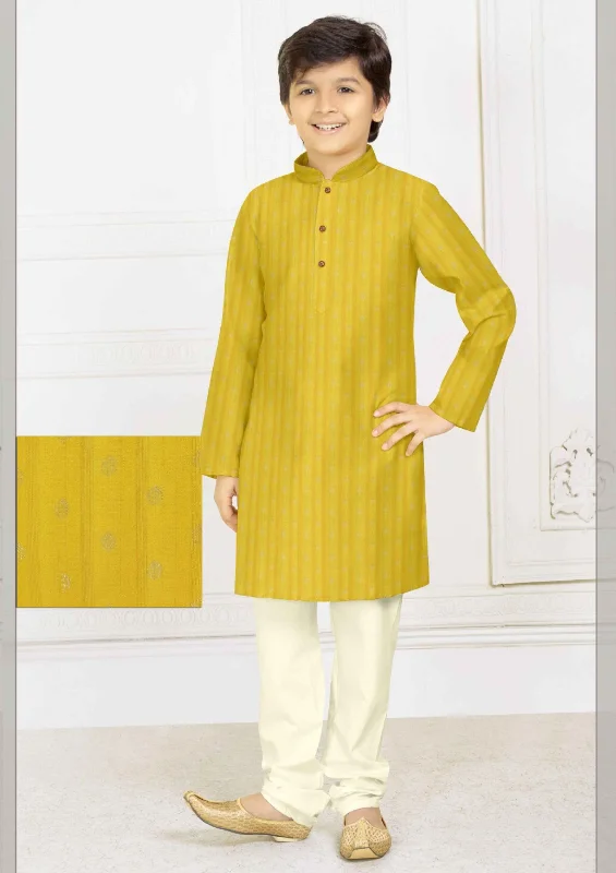 Fashion Elements Gorgeous Yellow Color Designer Poly Blended Kurta Pajama Set For Kids