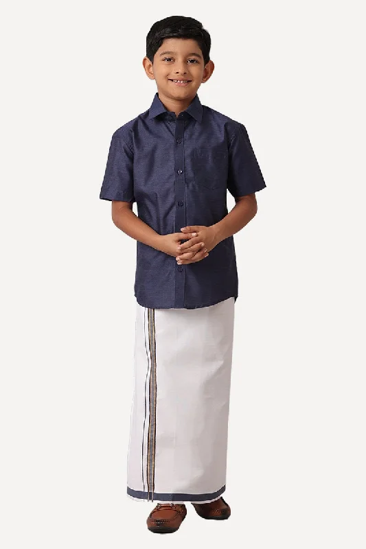 Divine - Navy Matching Fixit Dhoti and Shirt 2 in 1 Set For Kids | Uathayam