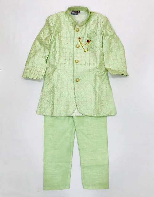 Sporty Elegance Attractive Pista Green Colored Silk Cotton Kurta With Pajama Pant For Boys