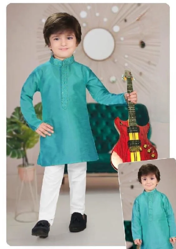 Classic Style Charming Teal Green Color Heavy Banarasi Embroidery Kurta Pajama Set For Boys