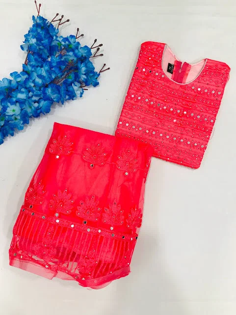Casual Fit Wear Appealing Pink Colored Embroidery And Mirror Work Net Choli Sets For Girls
