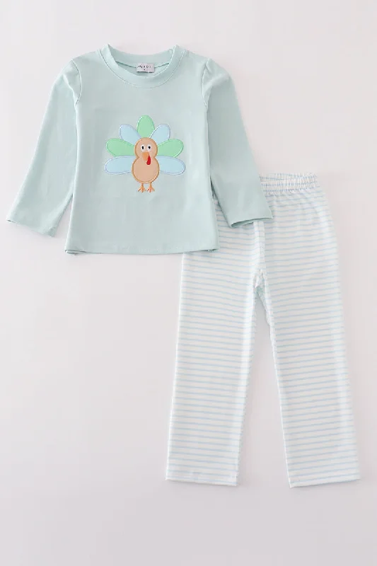Comfortable Fashion Looks Blue stripe turkey applique boy set