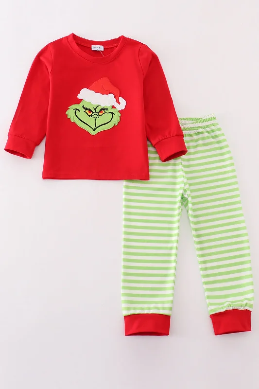 Versatile Wear Red christmas grinch applique boy pajamas set