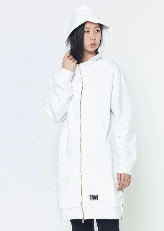 Sporty Comfort Konus Unisex Long Hoodie With Two Way Zipper  in White