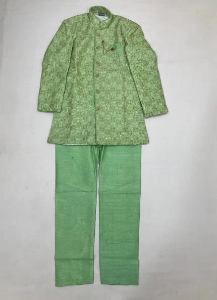 Effortless Style Alluring Pista Green Colored Silk Cotton Kurta With Pajama Pant For Boys
