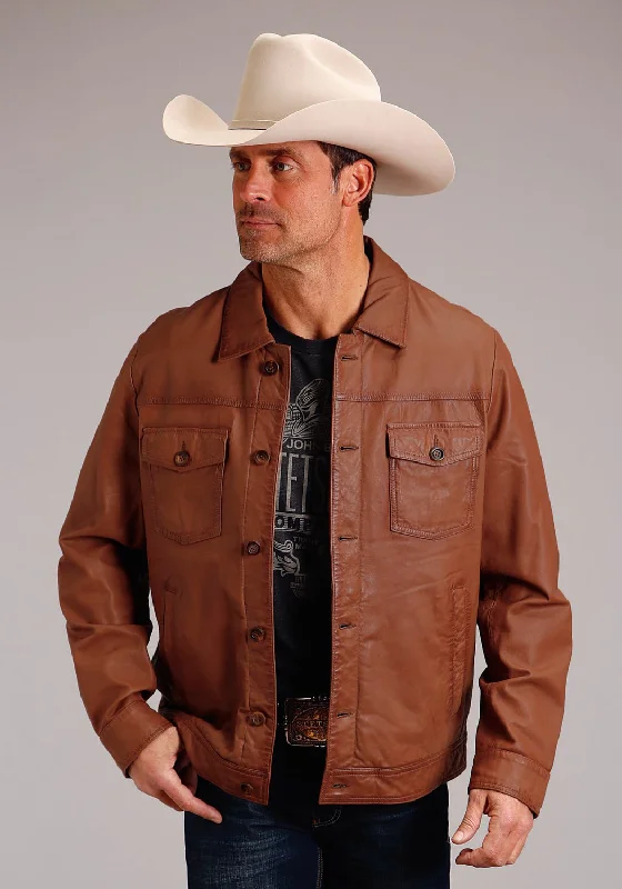 Easy Fashion Stetson Mens Jean Caramel Brown Leather Leather Jacket
