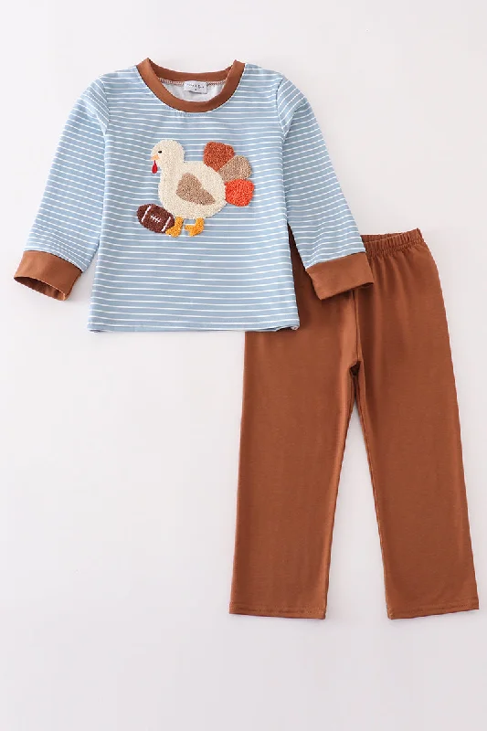 Comfortable Dresses Blue stripe thanksgiving turkey french knot boy set