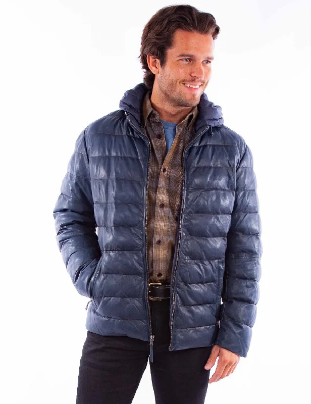 High-end Wear Scully Mens Hooded Puffer Blue Leather Insulated Jacket