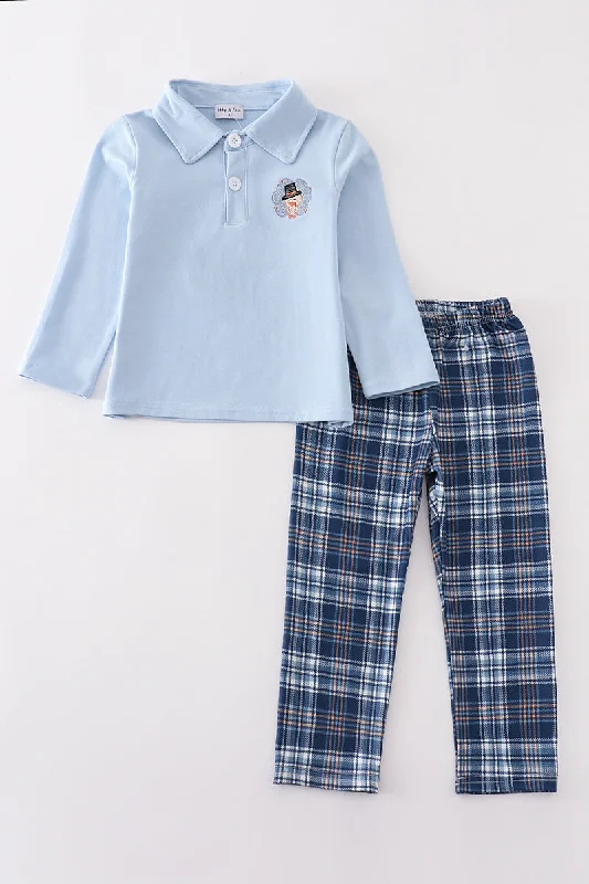 All-Day Wear Blue thanksgiving turkey embroidery plaid boy set