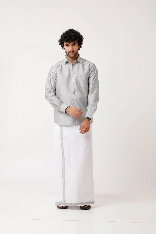 Divine - Gray Matching Shirt and Single Dhoti Set For Men | Uathayam