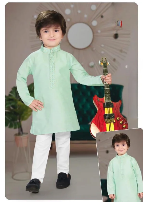 Tropical Style Enchanting Light Green Color Embroidery Kurta Pajama Set For Kids