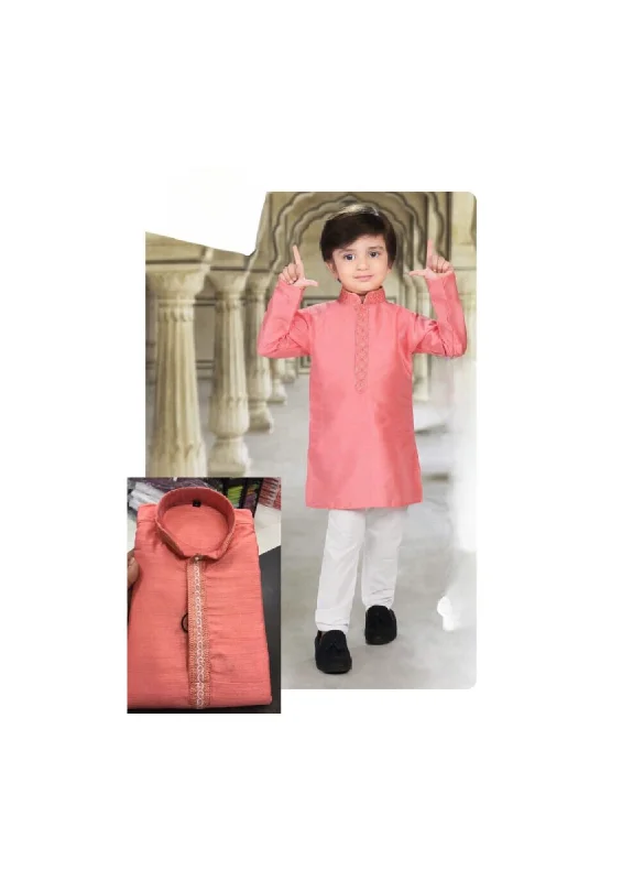 High-end Customization Gorgeous Pink Color Heavy Banarasi Embroidery Kurta Suits For Kids