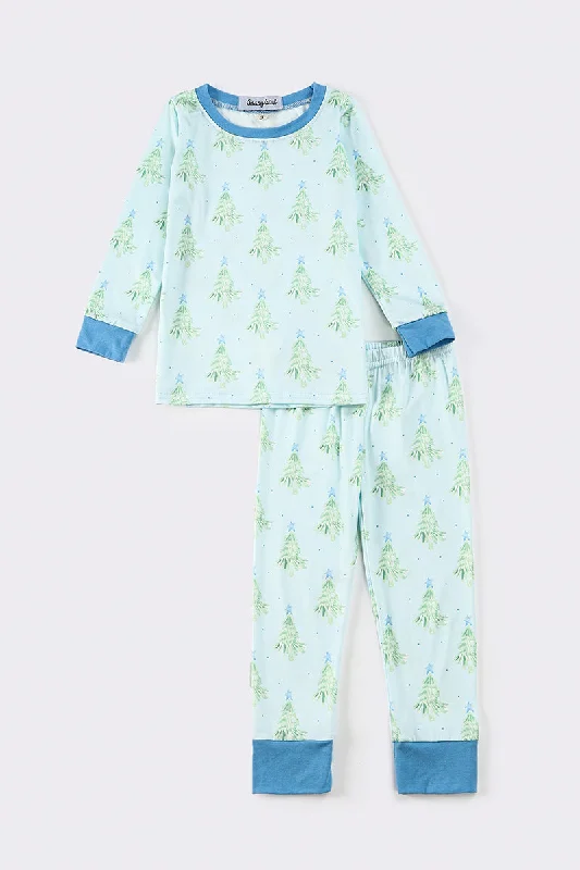 Fashion Must-have Blue christmas tree boy pajamas set