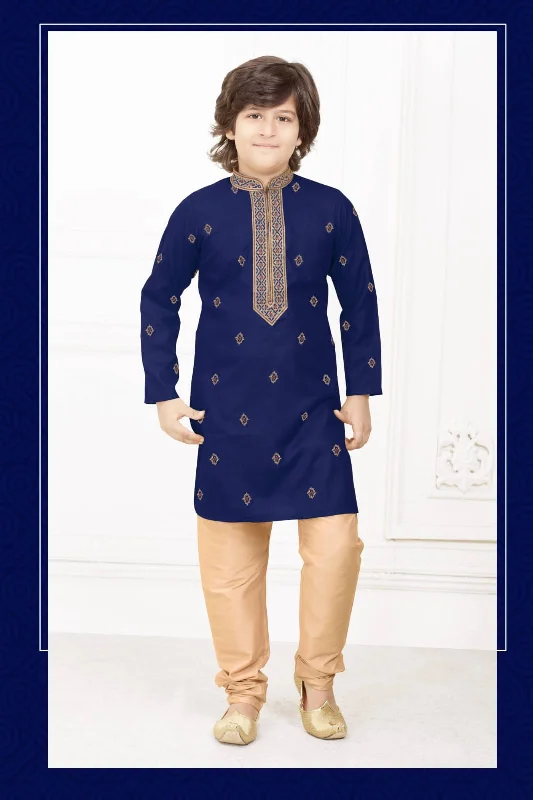 Free And Casual Charming  Navy Blue Color Poly Cotton Embroidery Kurta Set With Pajama Pant For Kids