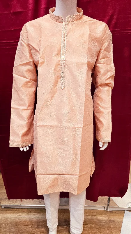 Fashionable Prints Alluring Light Orange Color Self Design Party Wear Men's Jacquard Kurta Suits