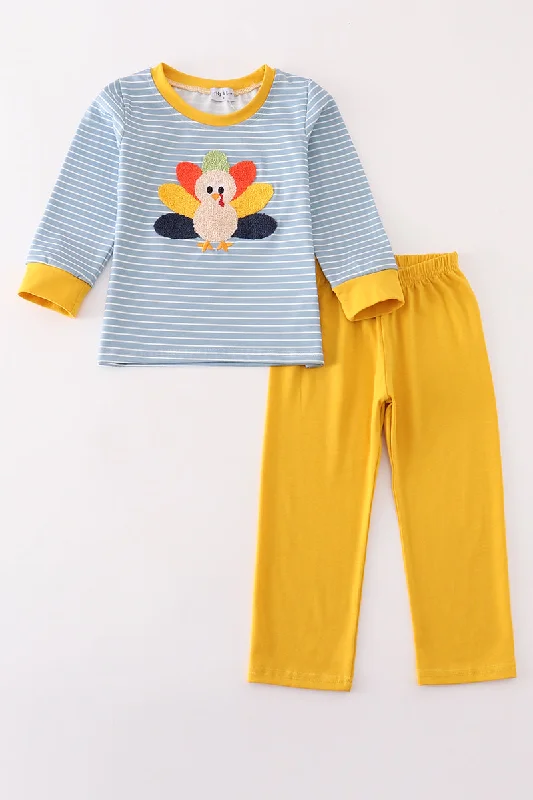 Trendy Looks Blue stripe turkey french knot boy set