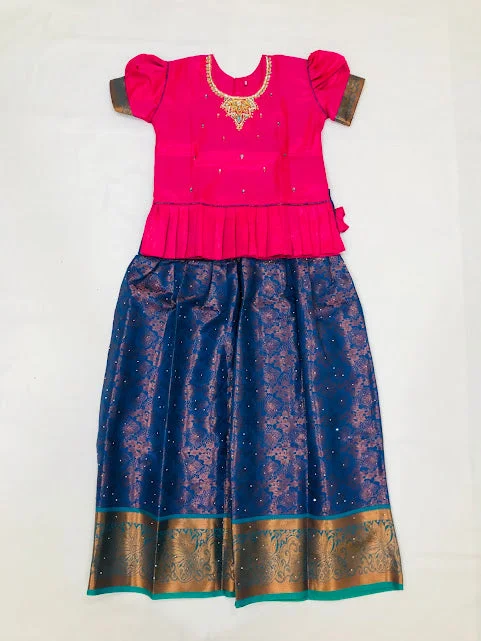 Cozy Sweaters Appealing Pink Colored Embroidery And Stone Work Silk Langa Sets For Girls