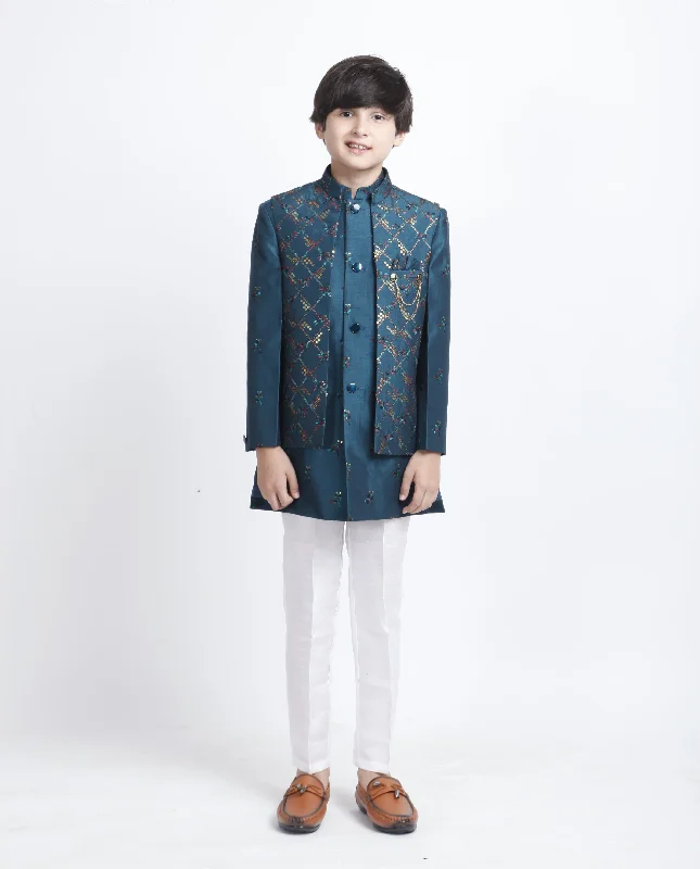 Advanced Customization Beautiful Teal Green Color Silk Embroidery Kid's Kurta With Pajama Pant