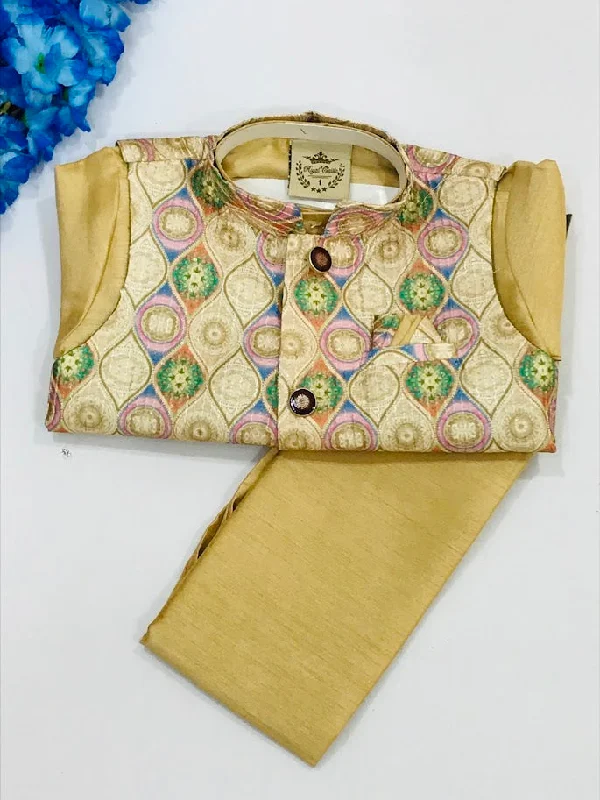 Soft Style Stunning Sandal Color Sherwani Suits With Multi Color Designed Jacket