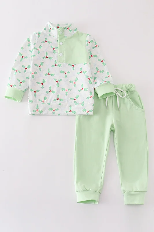High-quality Styles Green christmas holly boy jogger set