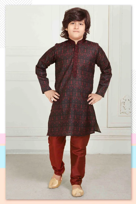 Unique Design Beautiful Maroon Colored Poly Cotton Kurta With Pajama Set For Kids