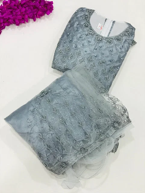 Relaxed Tops Gorgeous Gray Colored Embroidery And Sequins Work Net Choli Sets For Girl