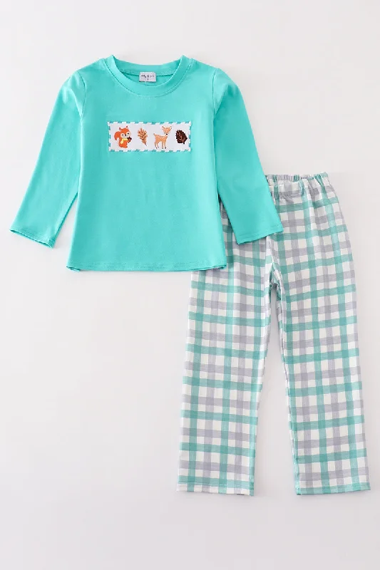 Soft Fabric Looks Teal floral print forest animal embroidery boy set