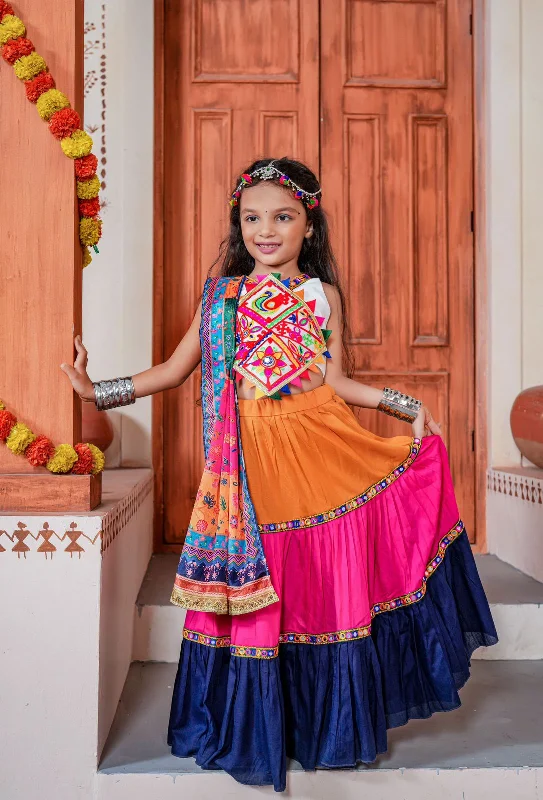 Casual Chic Wear Pretty Multi Color Rayon Kids Garba Choli Sets With Mirror Lace Work