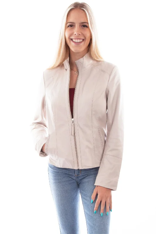 Simple Solid Color Scully Womens Beige Leather Zip Stand Up Jacket XXL
