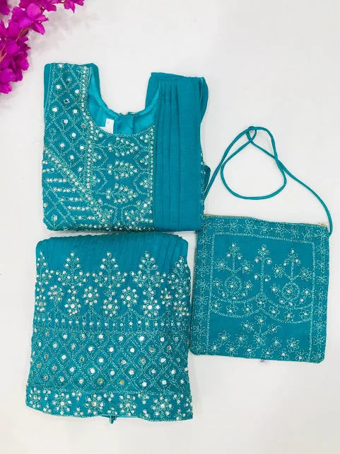 Slim Fit Gorgeous Embroidery And Sequins Work Sky Blue Colored Choli Sets For Girls