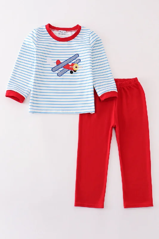 Soft Trends Blue stripe airplane applique boy set