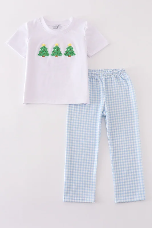 Relaxed Fits Blue christmas tree french knot smocked boy set