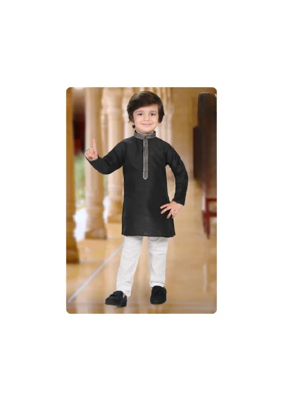 Goddess Style Elegant Black Color Heavy Banarasi Embroidery Kids Kurta Pajama Set For Boy