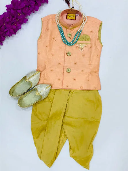 Breezy Comfort Charming Peach Colored Kids Sherwani Juttis With Brooch Pin And Pearl Mala