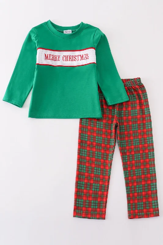 Romantic Temperament Green merry christmas embroidery boy pants set