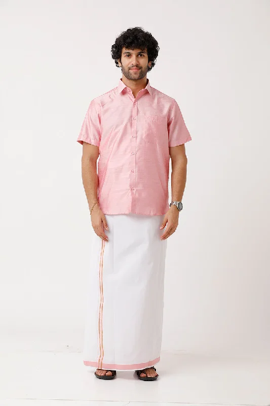 Divine - Pink Matching Shirt and Single Dhoti Set For Men | Uathayam