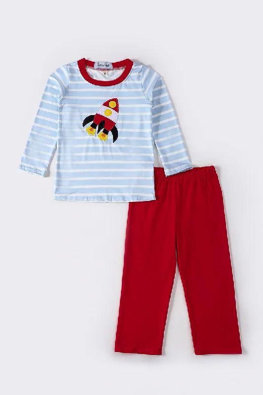 Unique Fashion Red rocket applique boy set