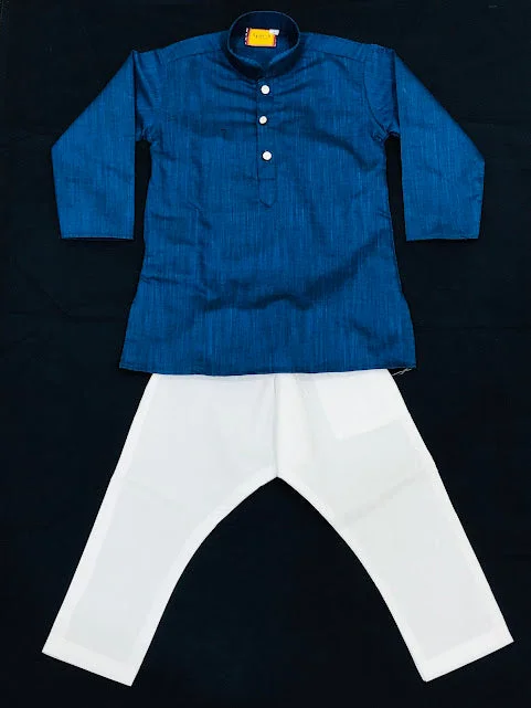 Easy Chic Dazzling Blue Colored Silk Cotton Kurta With Pajama Pant Sets For Boys