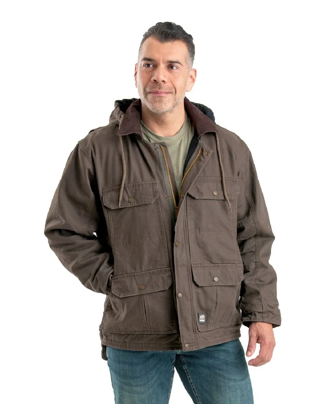 Minimalism Berne Mens Washed Zip-Off Hooded Work Dark Khaki 100% Cotton Coat